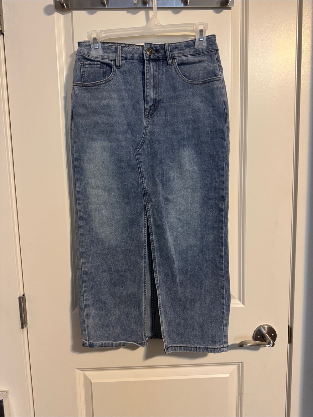Dex Straight-Leg Denim Skirt in Medium Blue Wash
